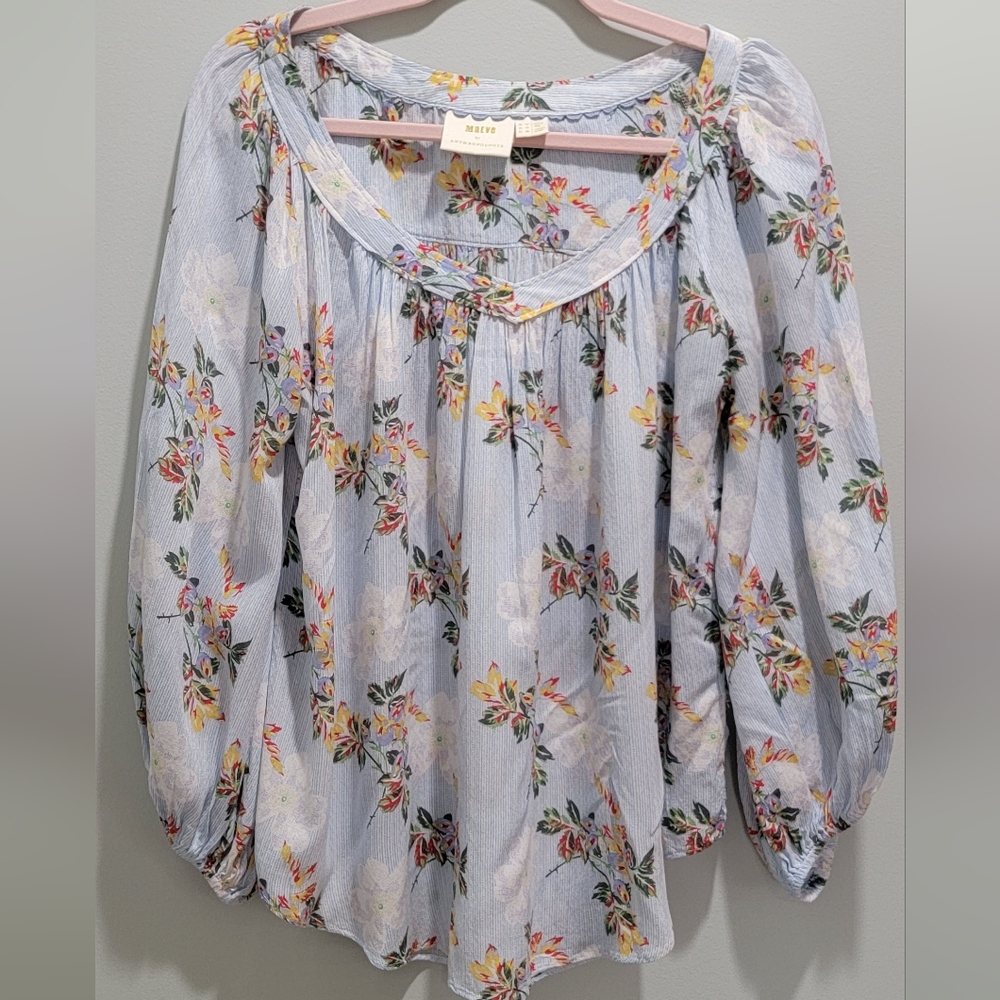 Anthropologie MAEVE Blue And White Flowy Blouse With V Neck